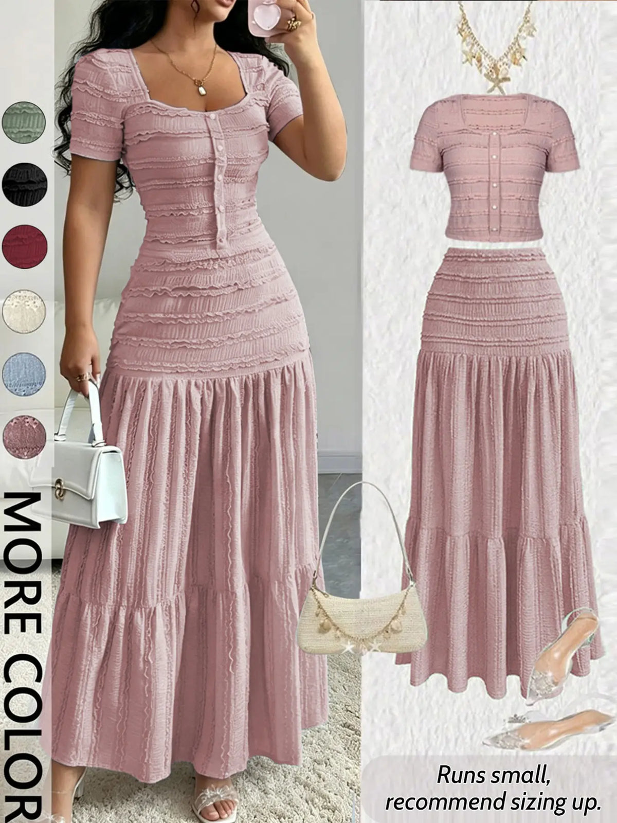Women's Casual Elegant Chic Short-Sleeve Square-Neck T-Shirt and Half Skirt Set, Cute Spring and Fall Outfit Clothes