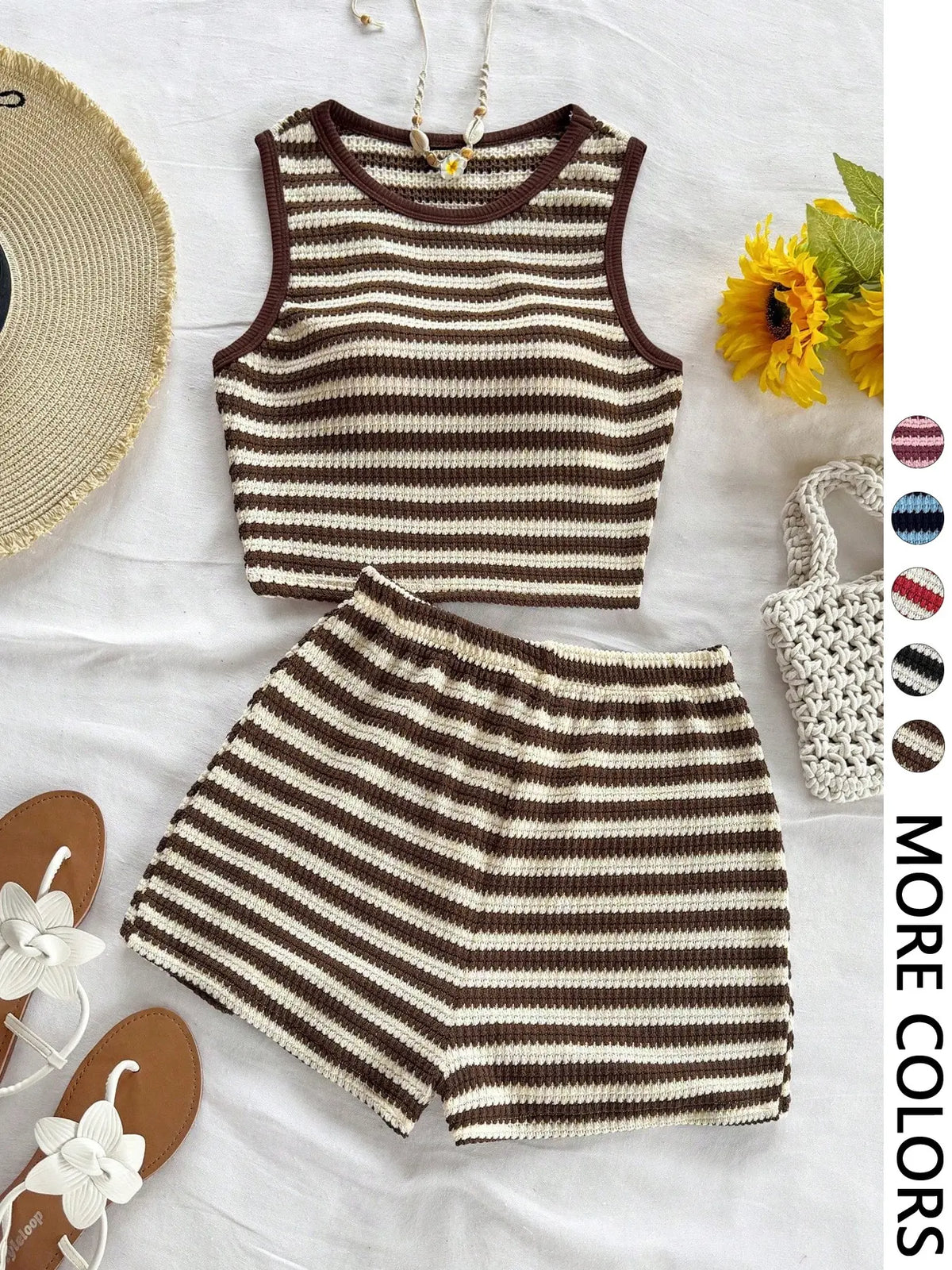 Women's Casual Knitted Striped Backless Short Sleeve Top with Elastic Waist Shorts, Perfect for Vacation Wear, Matching 2 Piece Casual Chic Set, Clothes, Summer Outfit Set
