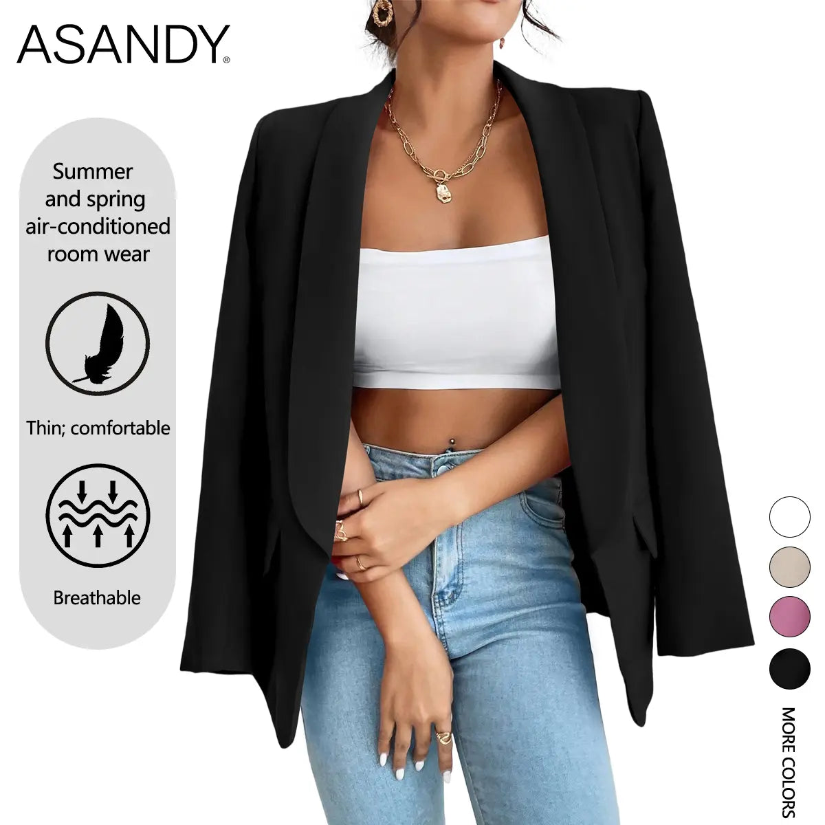 ASANDY Women's Oversized Elegant Breathable Polyester Blazer - Lightweight Thin Long-Sleeve Suit Jacket for Office Work Clothes, Corporate Office Wear, Everyday Casual Use - Basic Womenswear Top Piece