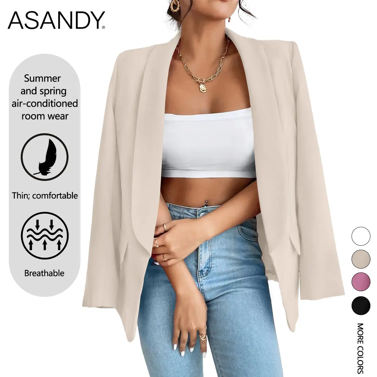 ASANDY Women's Oversized Elegant Breathable Polyester Blazer - Lightweight Thin Long-Sleeve Suit Jacket for Office Work Clothes, Corporate Office Wear, Everyday Casual Use - Basic Womenswear Top Piece