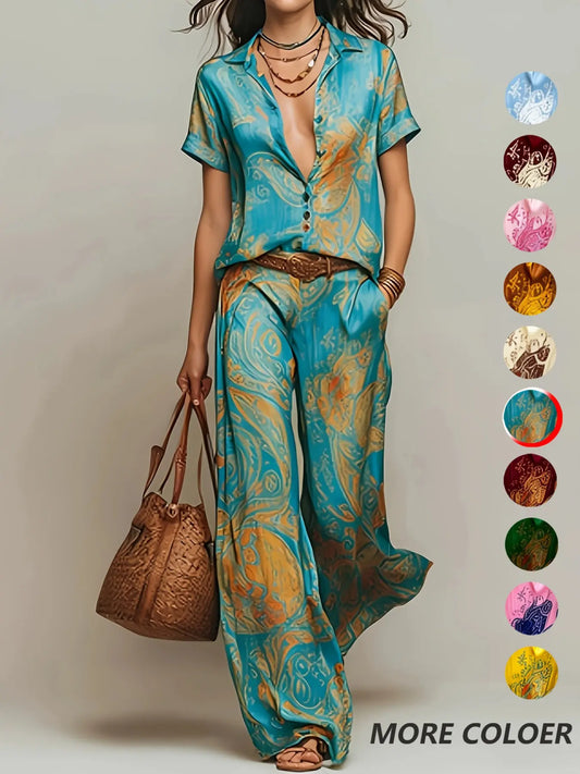 Casual Vacation Style Geometric Print Collared Shirt Top & Pocket Straight Leg Pants Set, Summer Matching Set, No Belt Included, Perfect for Daily Wear and Outdoor Activities, Chic