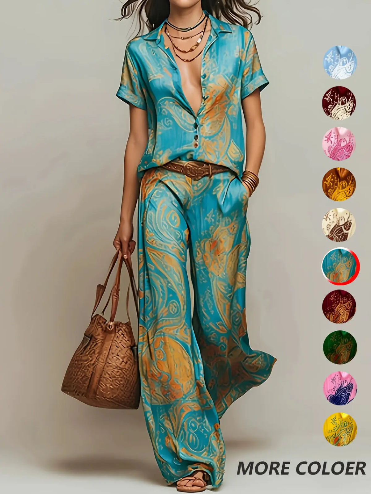 Casual Vacation Style Geometric Print Collared Shirt Top & Pocket Straight Leg Pants Set, Summer Matching Set, No Belt Included, Perfect for Daily Wear and Outdoor Activities, Chic