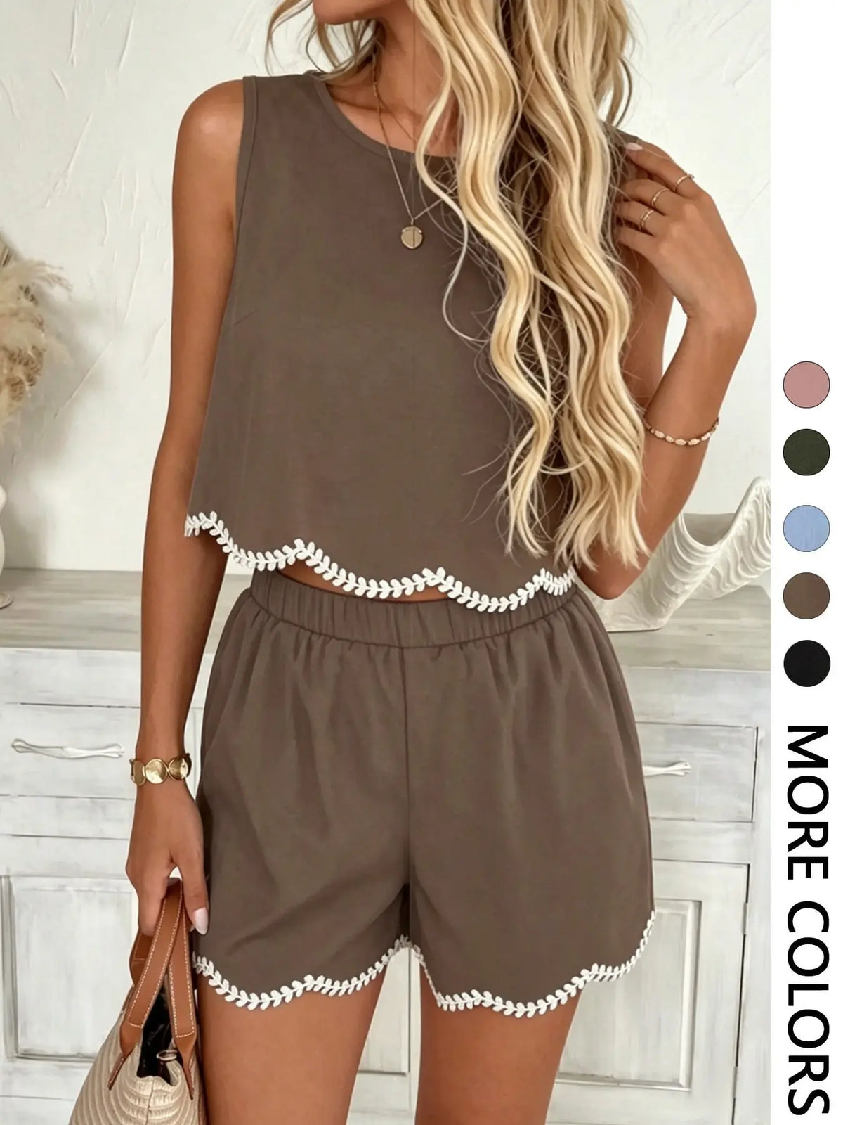Women's Scallop Trim Embroidered Two-Piece Set, Suitable for Casual Going Out and Daily Wear, Island Vacation Beach Outfits, Sleeveless Summer Outfits for Women, Embroidery