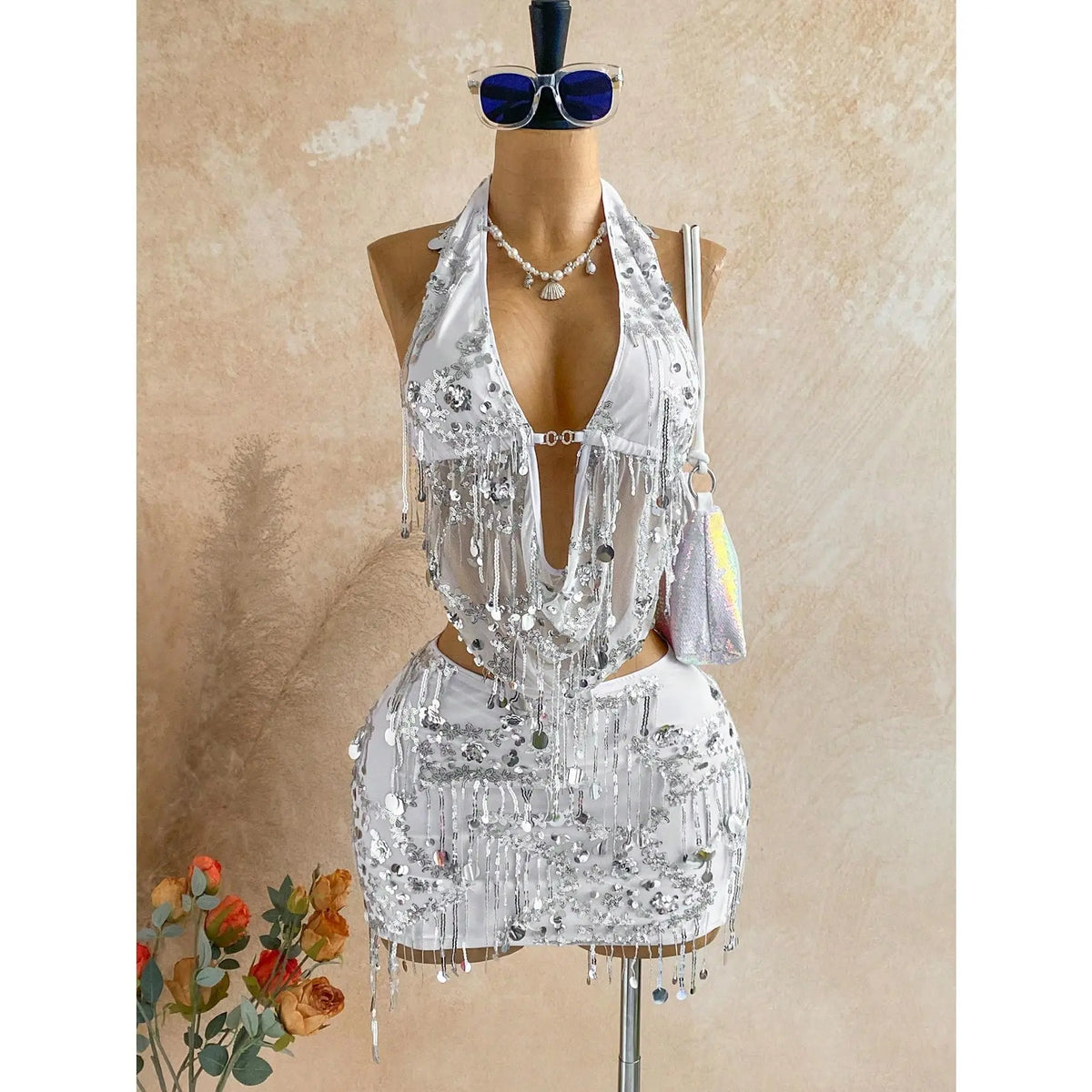 Women's 2-Piece Sexy Fitted Sequin Fringe Fashion Apparel Set - Drape Neck Cowl Camisole & Mini Skirt Matching Set for Music Festival, Club Night Out, Matching Sets For Women