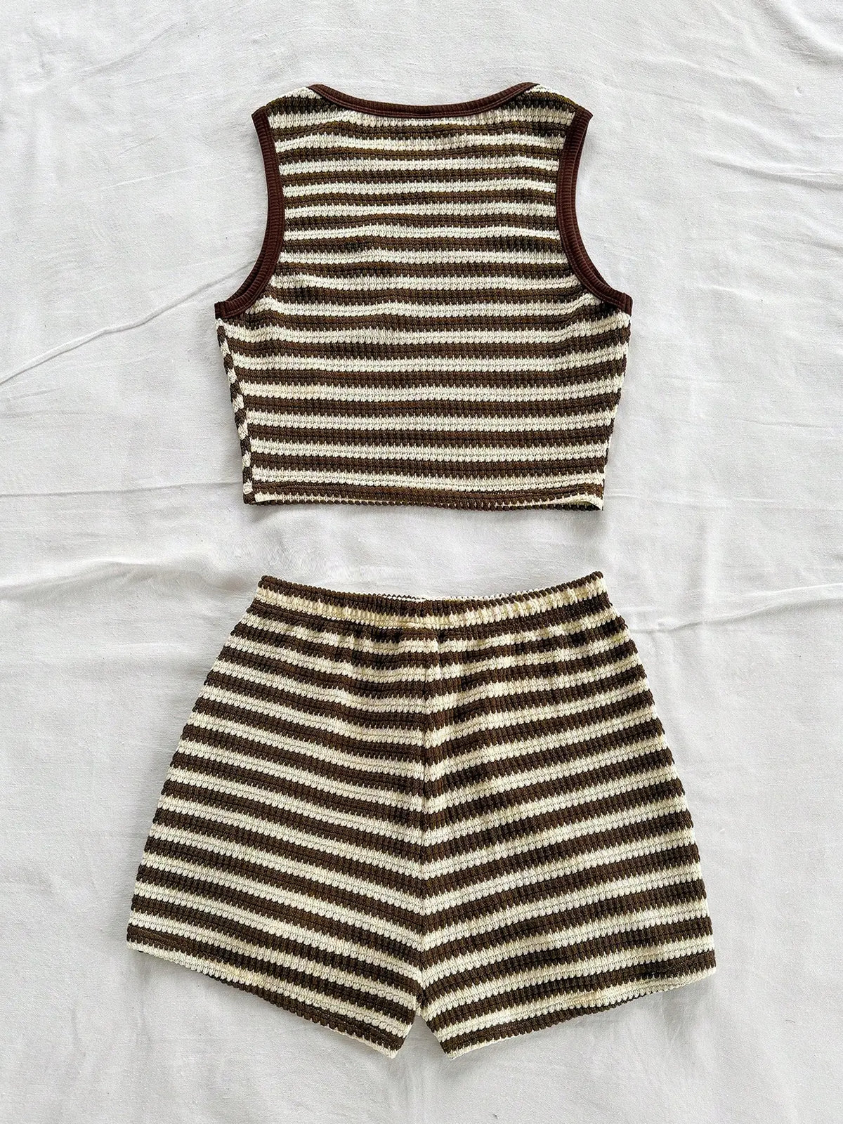 Women's Casual Knitted Striped Backless Short Sleeve Top with Elastic Waist Shorts, Perfect for Vacation Wear, Matching 2 Piece Casual Chic Set, Clothes, Summer Outfit Set