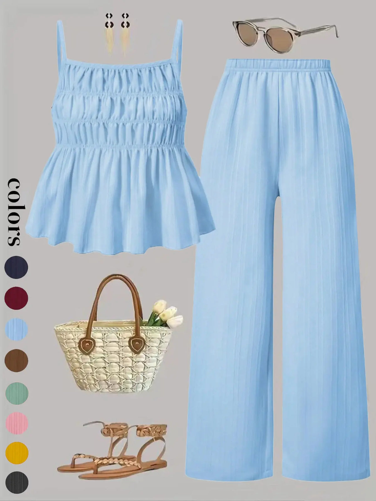 Two-Piece Set Women's Basic Solid Color Cami Top & Wide Leg Pants Set, Street Fashion Casual Outfits for Daily Outdoor Wear, Ladies Clothes for All Seasons