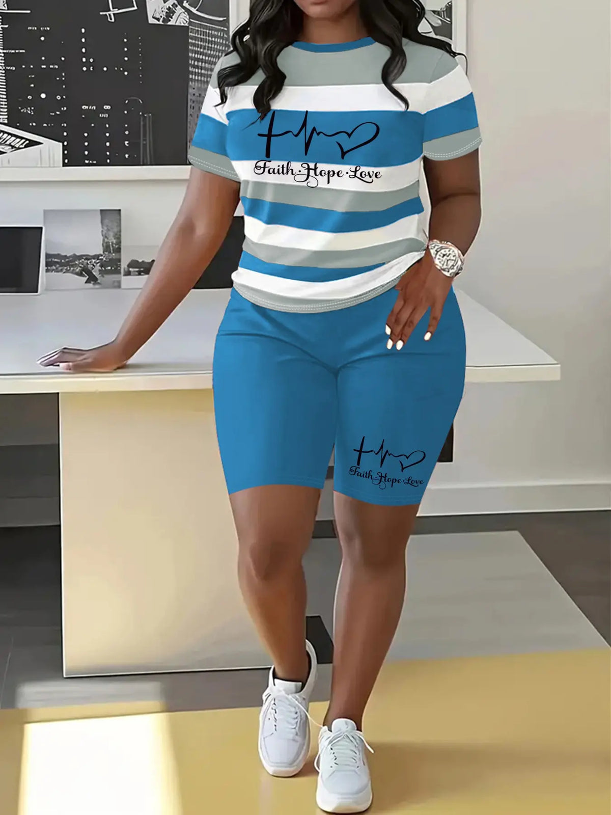 Letter Print Striped Summer Casual Round Neck Short Sleeve Shorts Set, Summer Outfits Set, Fashionable Shorts Set, Womenswear Two-Piece for Spring and Summer, Comfortable and Stylish Lady