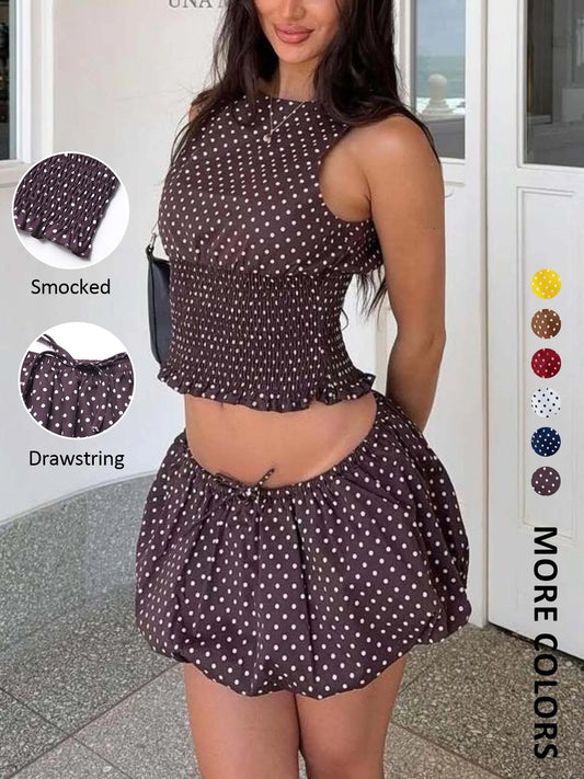 Vintage Ruched Dot Women Set Sleeveless Short Top & Drawstring Skirt, Sexy Slim-Fitting for Valentine's Day, Daily Streetwear Style, Half Skirt Set, Two Piece Sets