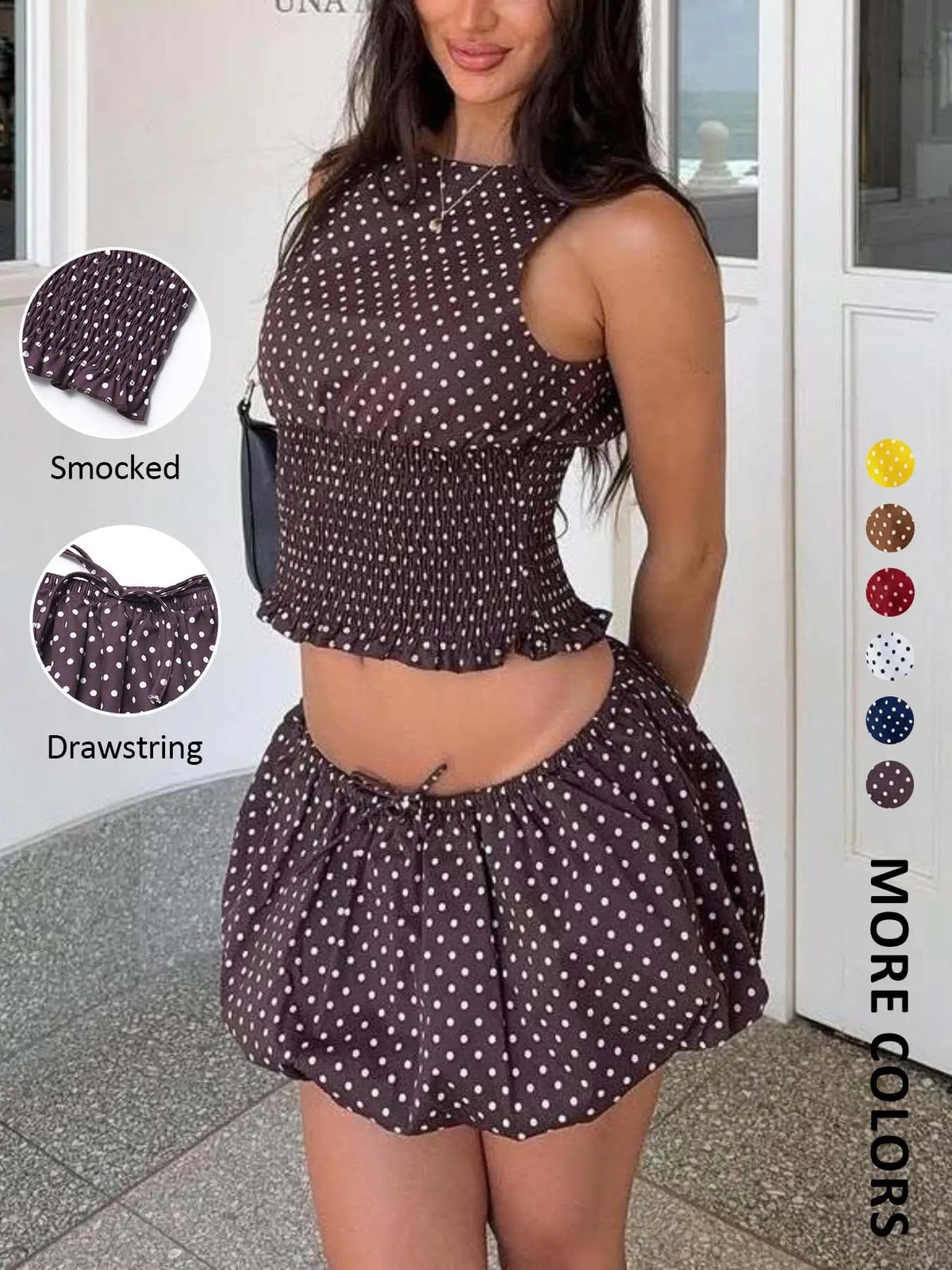 Vintage Ruched Dot Women Set Sleeveless Short Top & Drawstring Skirt, Sexy Slim-Fitting for Valentine's Day, Daily Streetwear Style, Half Skirt Set, Two Piece Sets