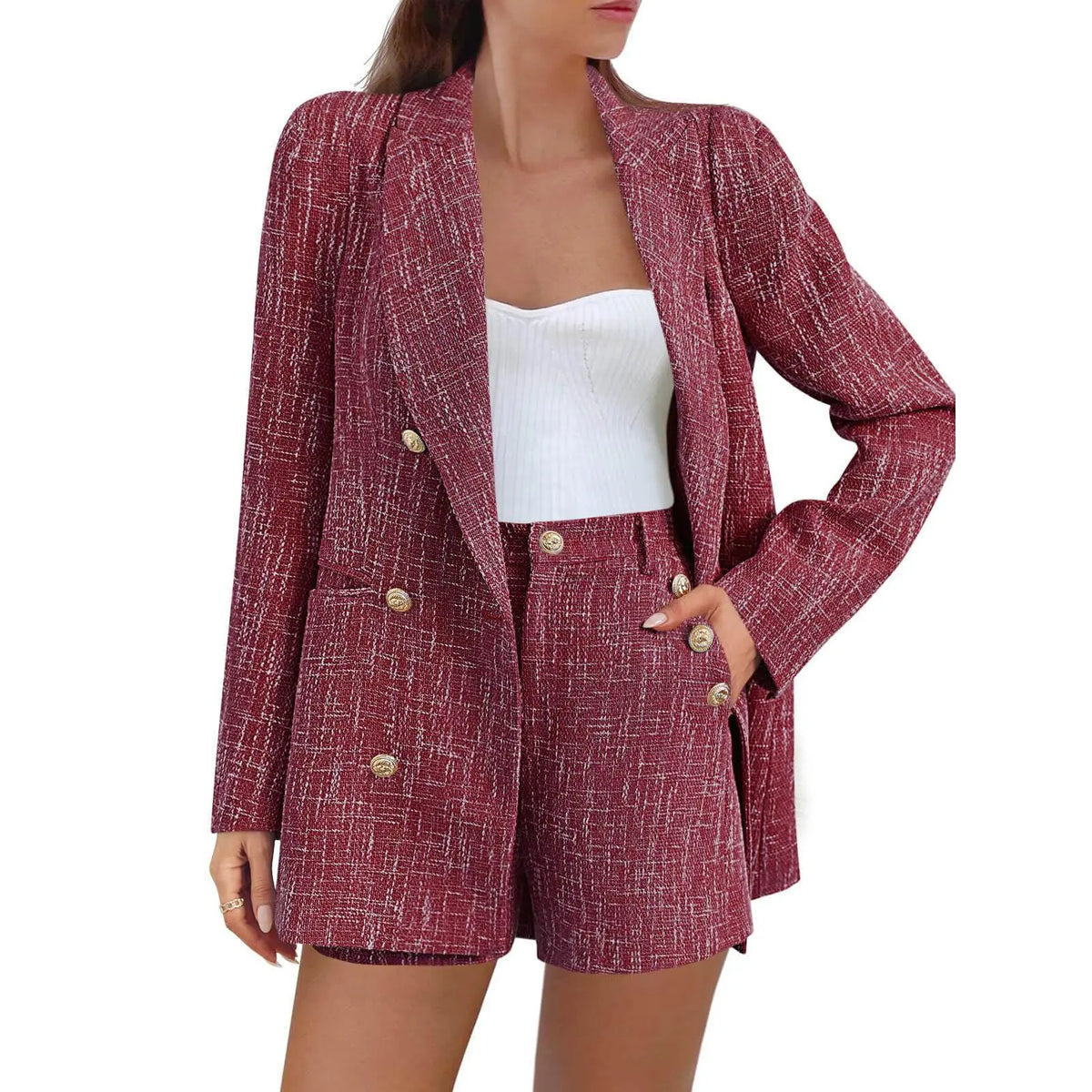 Imily Bela Womens 2 Piece Tweed Blazer Shorts Sets Long Sleeve Double Breasted Suit Jackets Business Outfit Fabric Formal