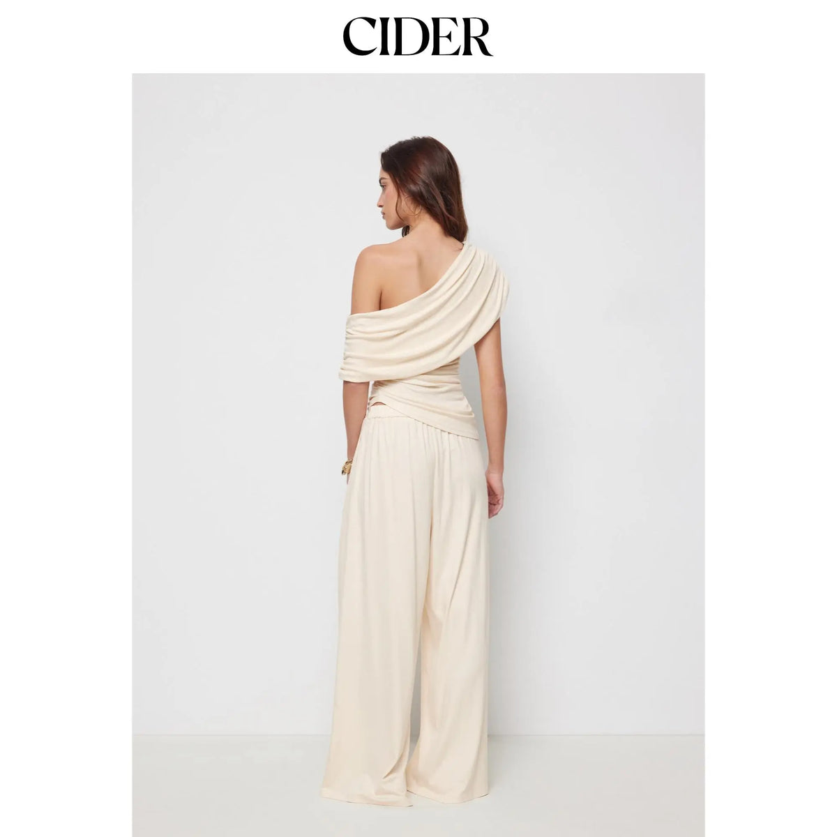 Cider 2-Piece Set Asymmetrical Neck Ruched Top & Mid Rise Wide Leg Draped Trousers Set