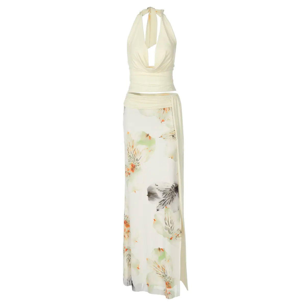 Women's Chic 2-Piece Fitted Matching Set - Cowl Neck Backless Crop Tank Top, Floral Print Sheer Fabric Maxi Skirt with Thigh-High Slit, Tie Waist, Deep V Evening Holiday Party Outfits, Sohochic Women's Clothing Set