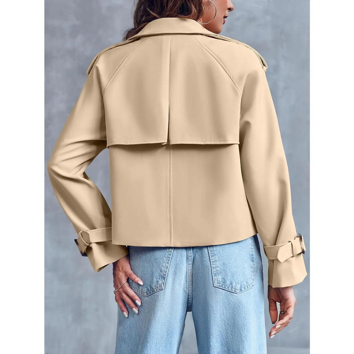 Fessceruna Women Crop Double Breasted Trench Coat Raglan Sleeve Work Office Cropped Jacket With Pockets