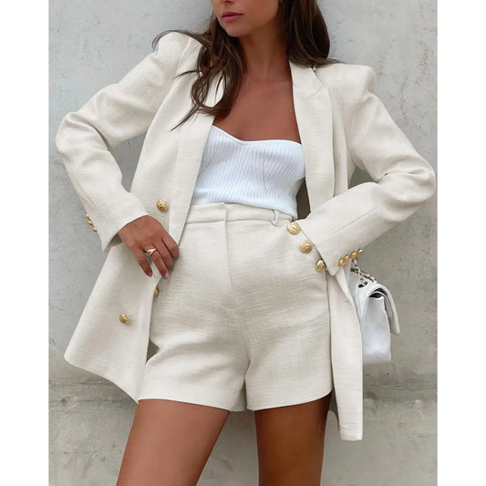 Imily Bela Womens 2 Piece Tweed Blazer Shorts Sets Long Sleeve Double Breasted Suit Jackets Business Outfit Fabric Formal