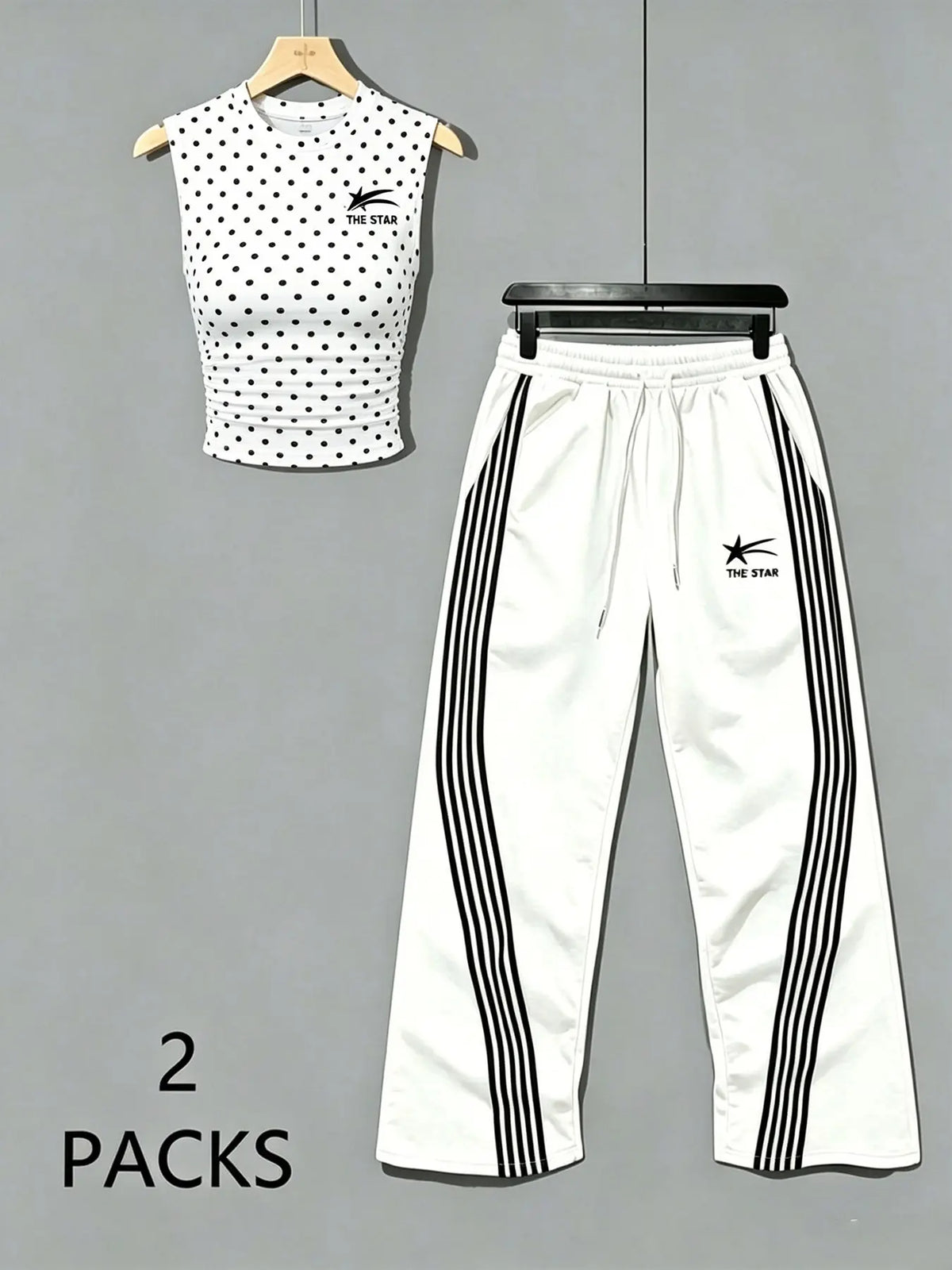 Women's Sweet Savage Style Ruched Sleeveless Top + Striped Sweatpants Set, Mid Waist Loose Fit, All Seasons Fashion Clothes