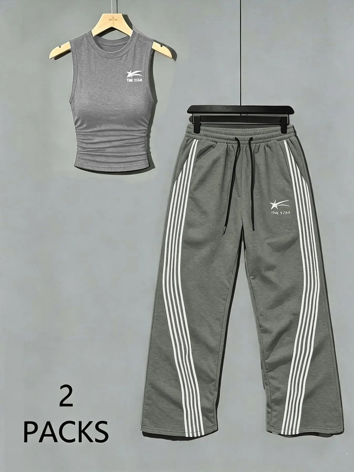 Women's Sweet Savage Style Ruched Sleeveless Top + Striped Sweatpants Set, Mid Waist Loose Fit, All Seasons Fashion Clothes