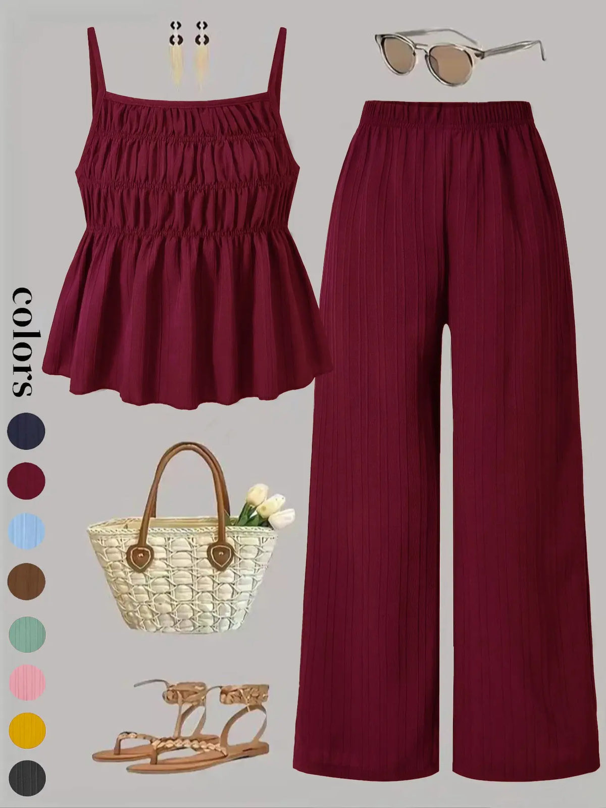 Two-Piece Set Women's Basic Solid Color Cami Top & Wide Leg Pants Set, Street Fashion Casual Outfits for Daily Outdoor Wear, Ladies Clothes for All Seasons