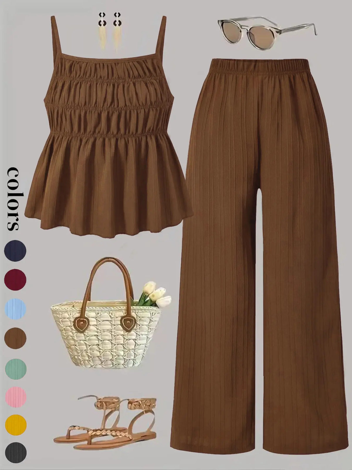 Two-Piece Set Women's Basic Solid Color Cami Top & Wide Leg Pants Set, Street Fashion Casual Outfits for Daily Outdoor Wear, Ladies Clothes for All Seasons
