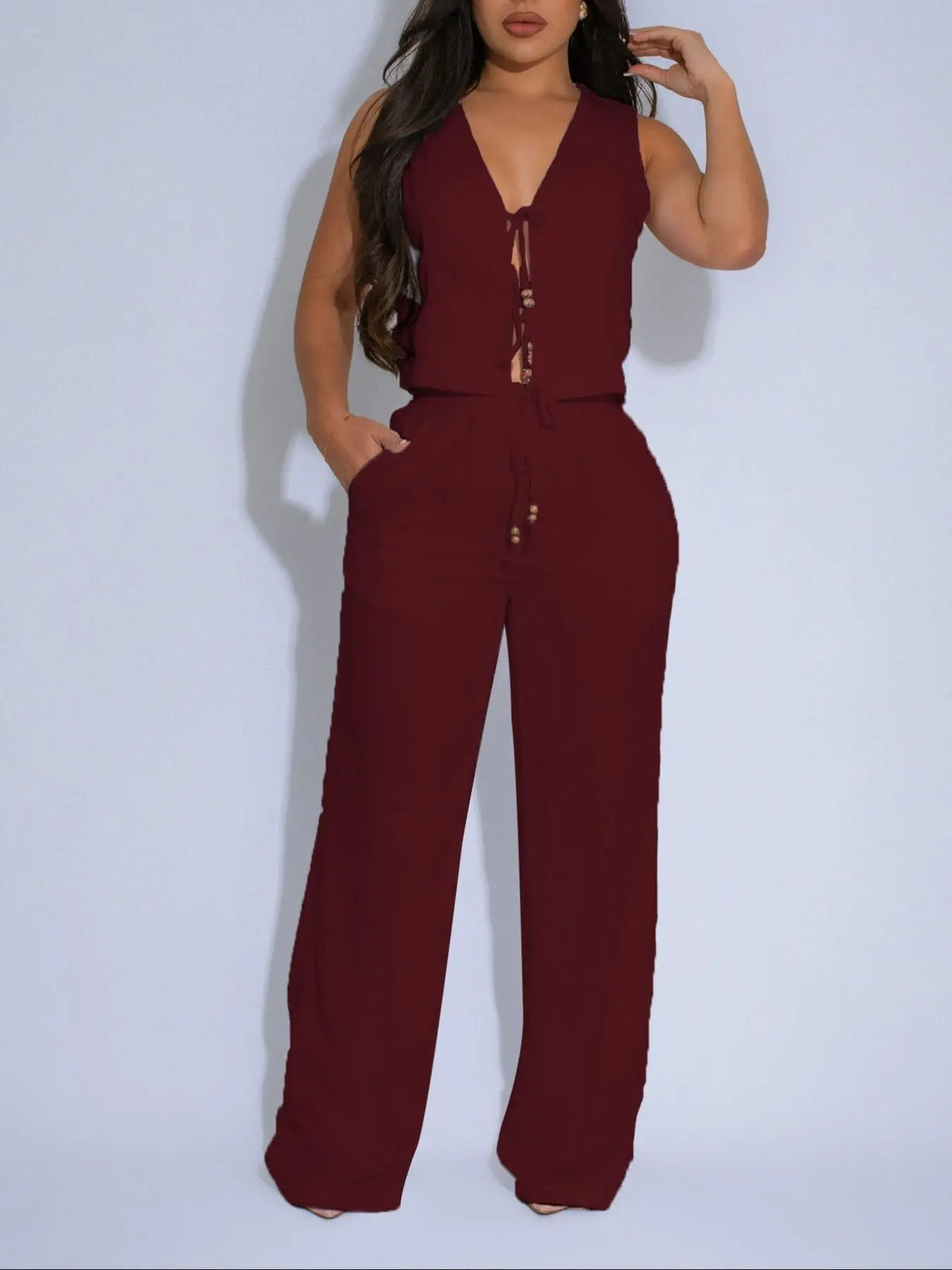 Women's Solid Tank Top & Wide Leg Flowy Pants Two-piece Set, Casual Comfy Lightweight Outfits for Daily Wear, Ladies Summer Clothes, Basic Fabric