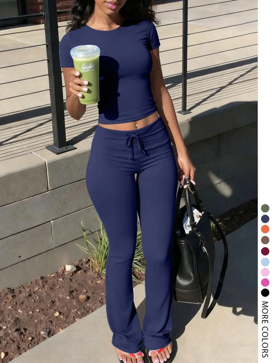 Women's LovelyWholesale Fashion Casual Two-Piece Set, Solid Color Round-Neck Short-Sleeve T-Shirt Top and Drawstring Pants, Spring and Summer Clothing