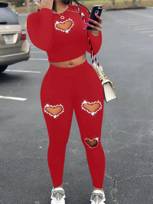 Two-Piece Set Women's Rhinestone Heart Decor Cut Out Crop Top & Skinny Pants Set, Long Sleeve Round Neck Top & Trousers Set for Fall & Winter, Women's Outfit Style for Daily Wear Casual Clothes, Casual Everyday Set