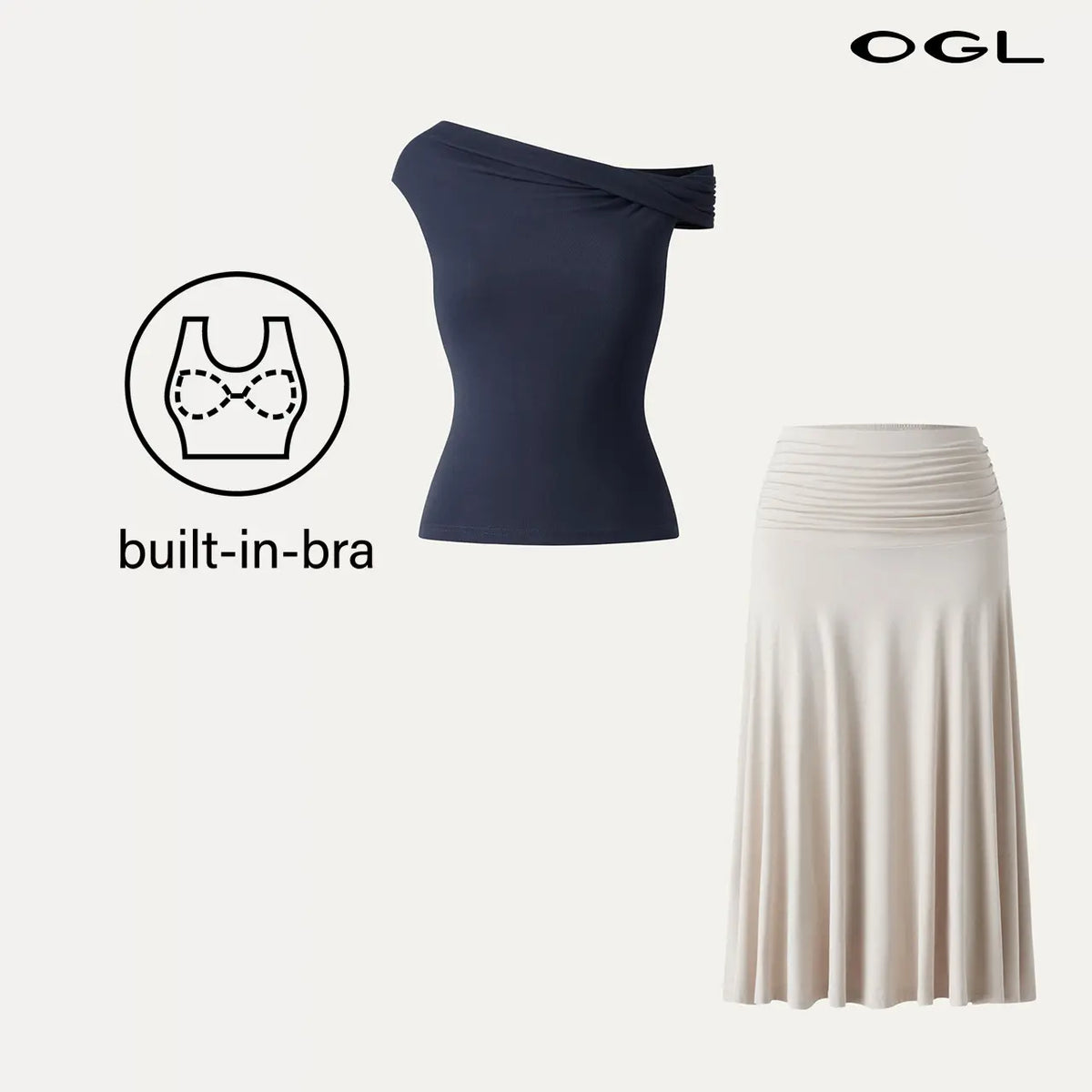 OGL Women's 2-Piece Matching Skirt Set - Multi-Wear Versatile Neckline bra tops with Built-In Bra, Flowy Side Ruched A-Line Midi Skirt, SkinKiss Fabric for Summer, Cute 2-Piece Sets for Women's Clothes tiktokshopstockup