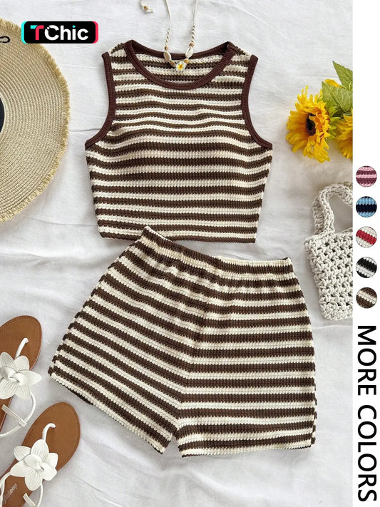 Women's Casual Knitted Striped Backless Short Sleeve Top with Elastic Waist Shorts, Perfect for Vacation Wear, Matching 2 Piece Casual Chic Set, Clothes, Summer Outfit Set