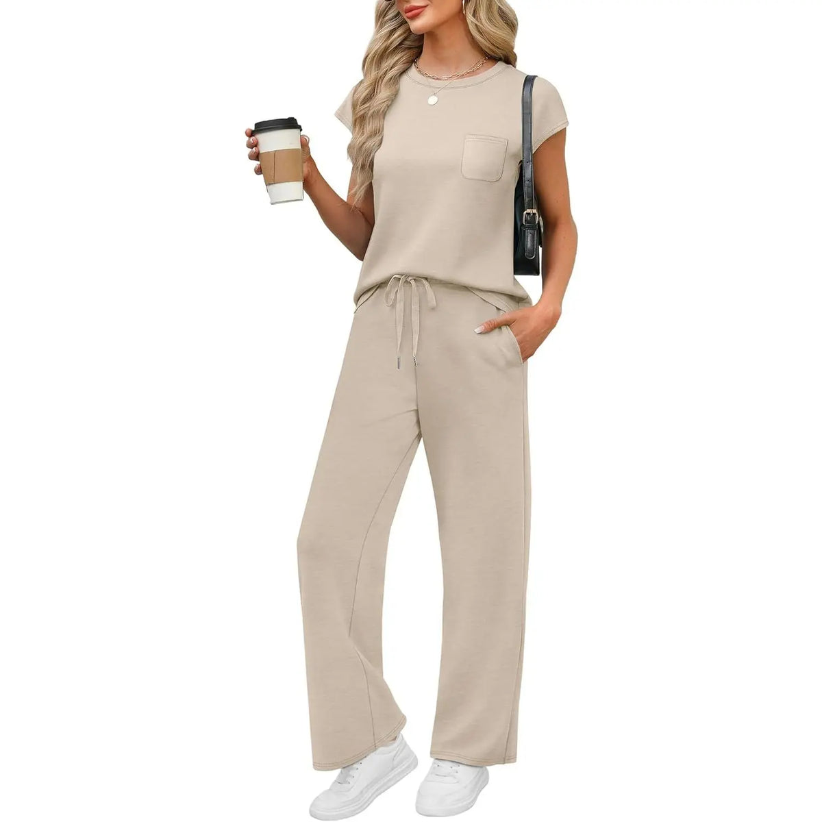 OFEEFAN Womenswear 2 Piece Sets for Women Casual Summer Travel Vacation Outfits Cap Sleeve Lounge Set Chic Crewneck Soft Silky Breathable Clothes