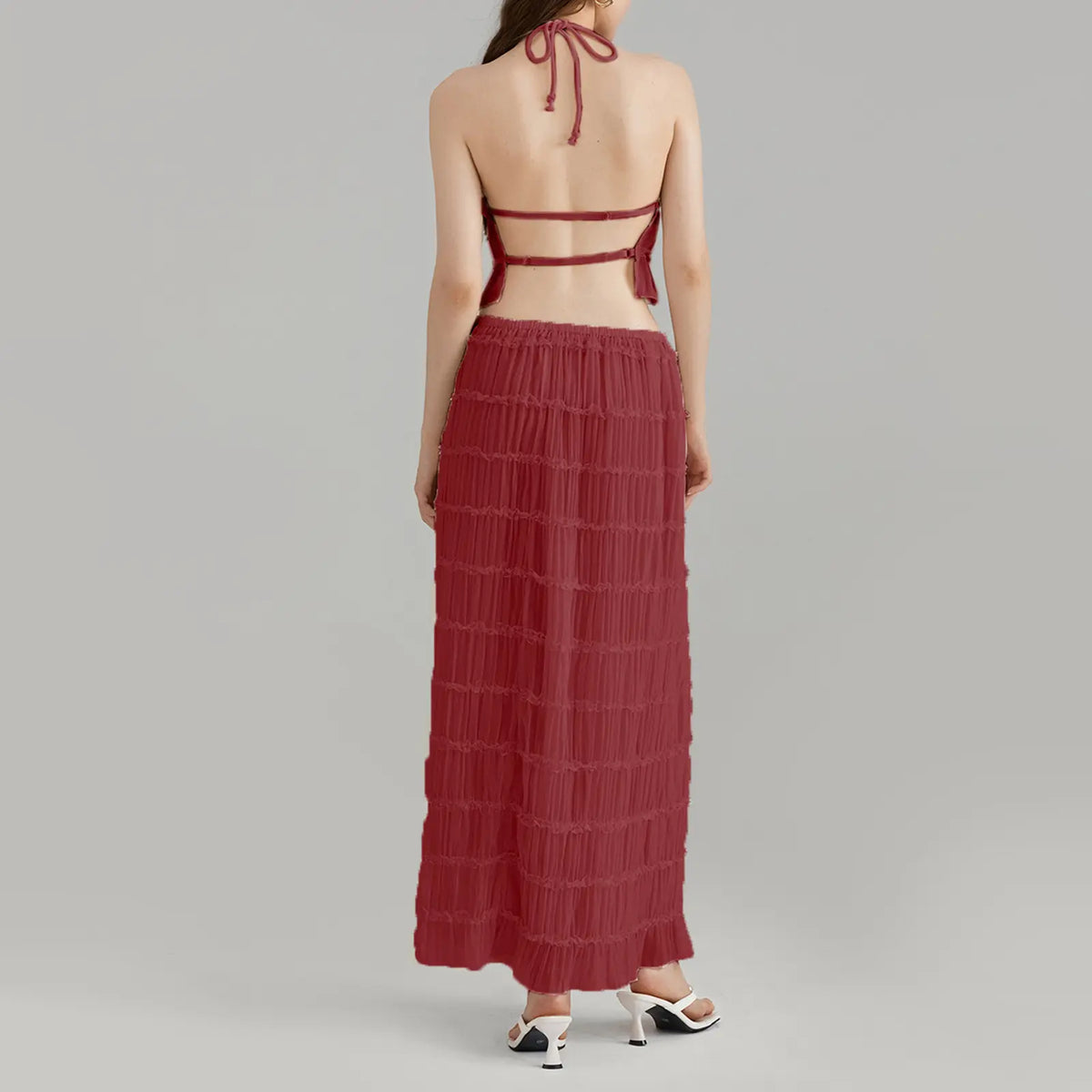 Women’s Two Piece Summer Outfits Sleeveless Ruched Halter Cami Tops and Long Skirt Set Beachwear