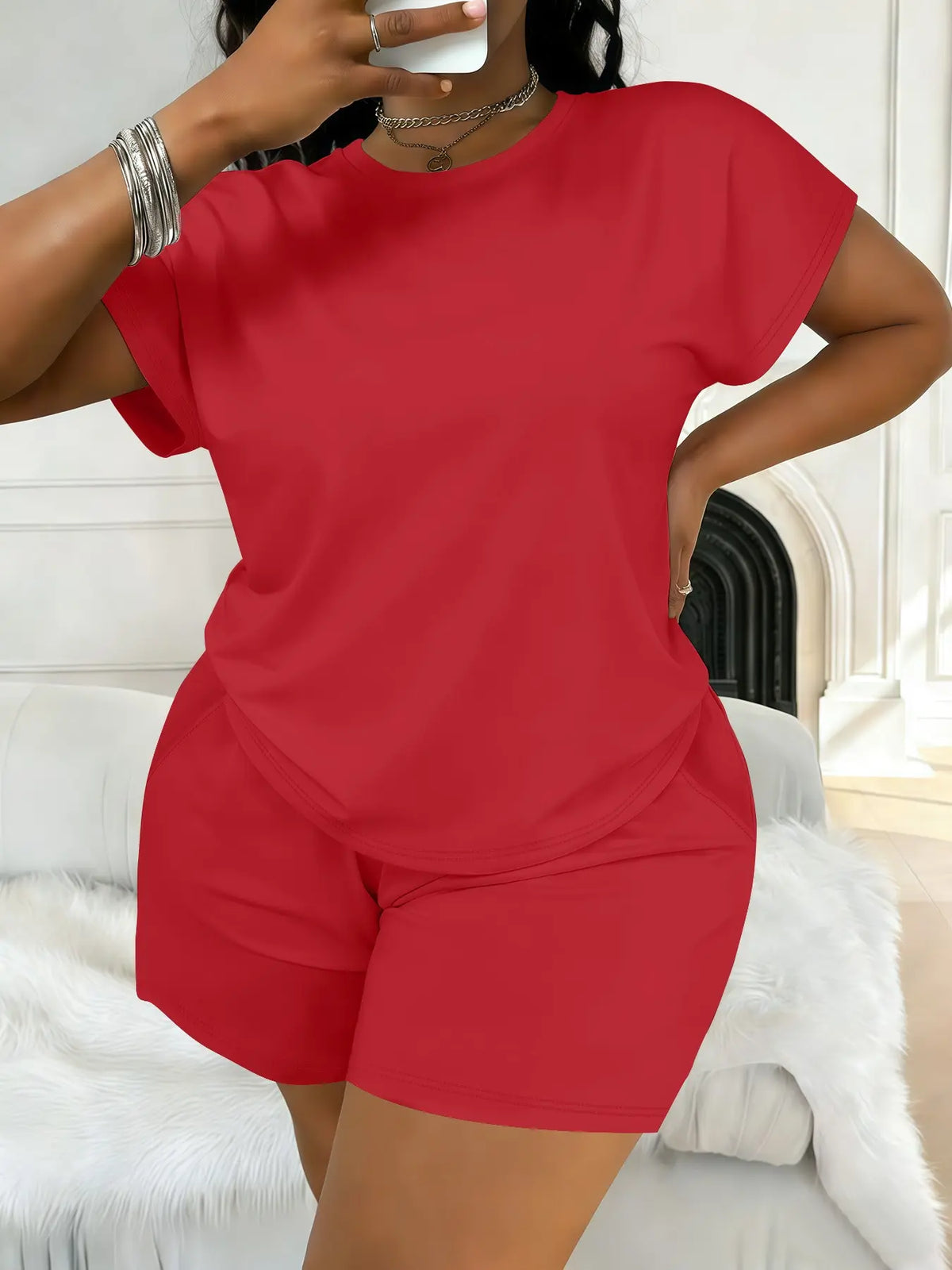 Women's Plus Size Casual Minimalist Plain Short-Sleeve Top and Shorts Set, Spring-Summer Womenswear Clothes with Loose Fit Comfort, All-Season Fashion
