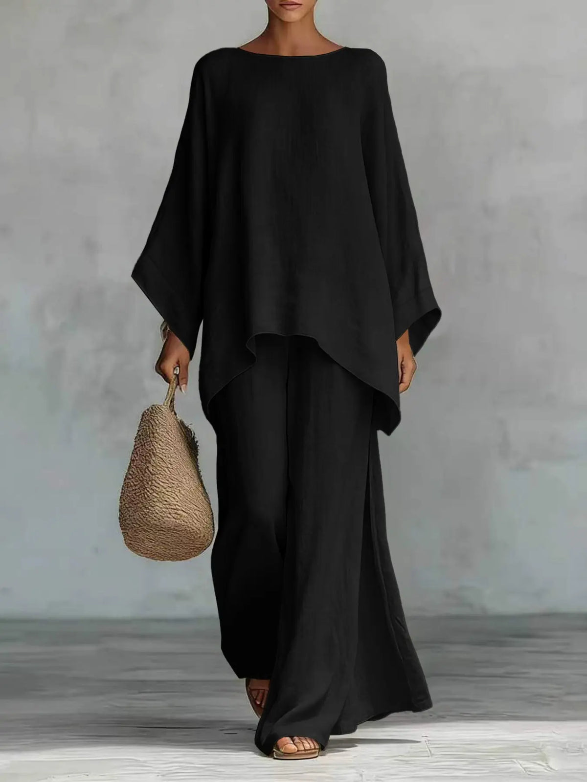 New Women's Simple Solid Loose-Fit Long Sleeve Blouse and Wide-Leg Pants Set, Baggy, Comfortable Casual Outfit, Perfect for Daily Wear, Stylish, Trendy and Elegance Two-Piece Set