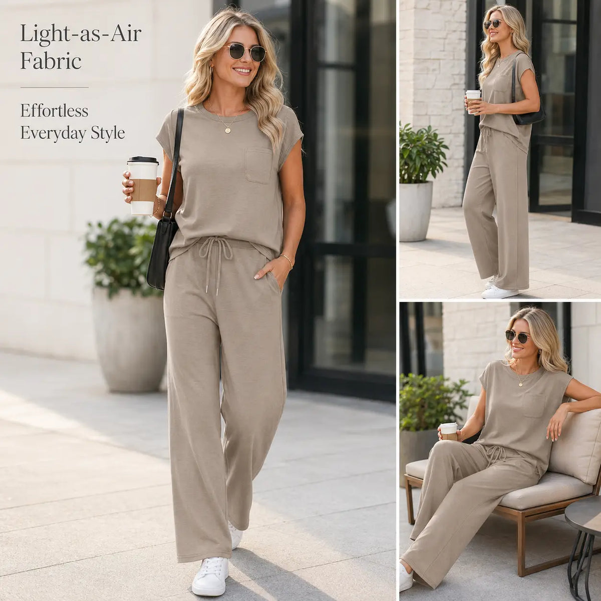 OFEEFAN Womenswear 2 Piece Sets for Women Casual Summer Travel Vacation Outfits Cap Sleeve Lounge Set Chic Crewneck Soft Silky Breathable Clothes