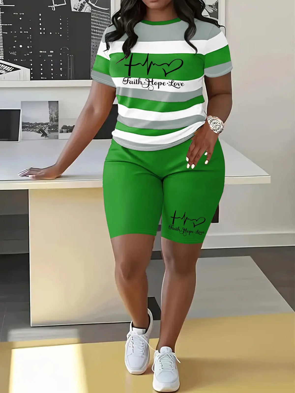 Letter Print Striped Summer Casual Round Neck Short Sleeve Shorts Set, Summer Outfits Set, Fashionable Shorts Set, Womenswear Two-Piece for Spring and Summer, Comfortable and Stylish Lady