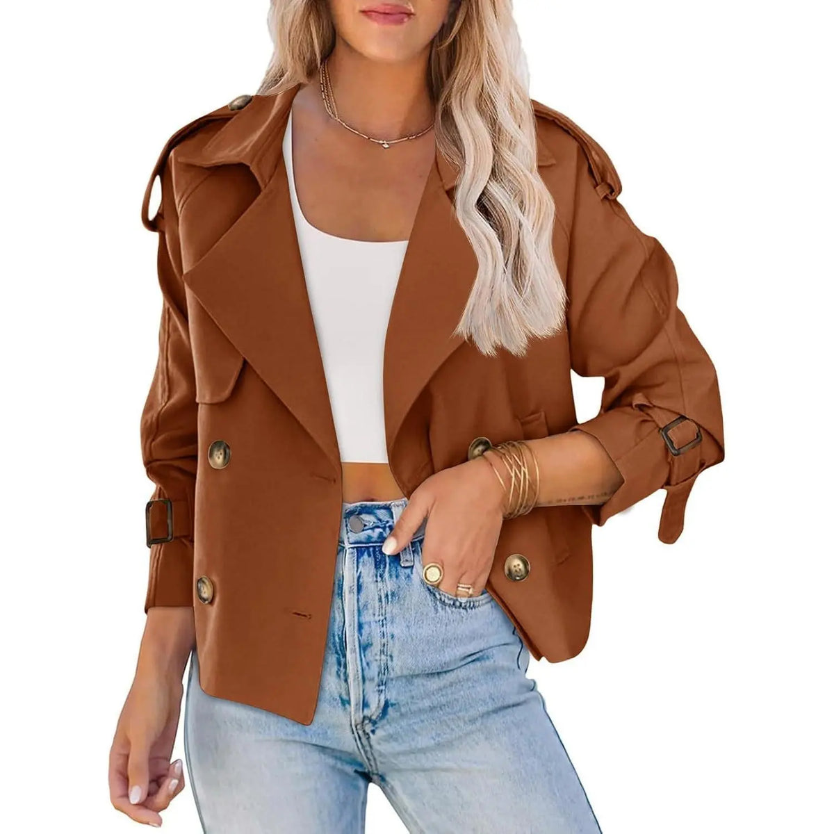 Fessceruna Women Crop Double Breasted Trench Coat Raglan Sleeve Work Office Cropped Jacket With Pockets