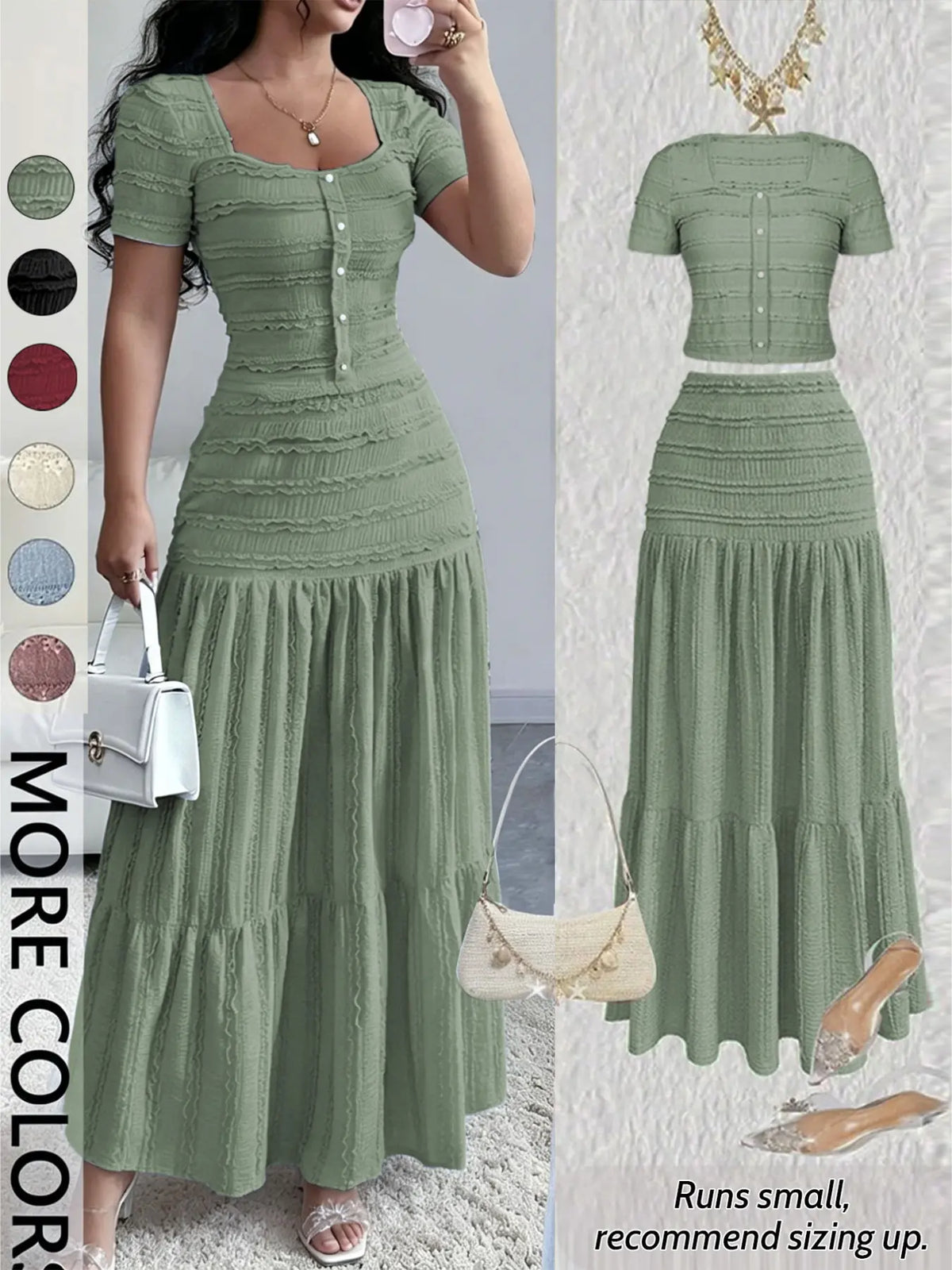 Women's Casual Elegant Chic Short-Sleeve Square-Neck T-Shirt and Half Skirt Set, Cute Spring and Fall Outfit Clothes