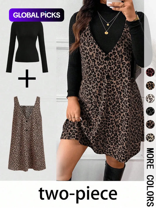 Women's High Neck Long Sleeve Inner Layer + Leopard Print Strap Skirt Matching Set, Casual Daily Day Spring Autumn Commuter, Two-Piece Ensemble Outfit Clothes, Animal Print Set