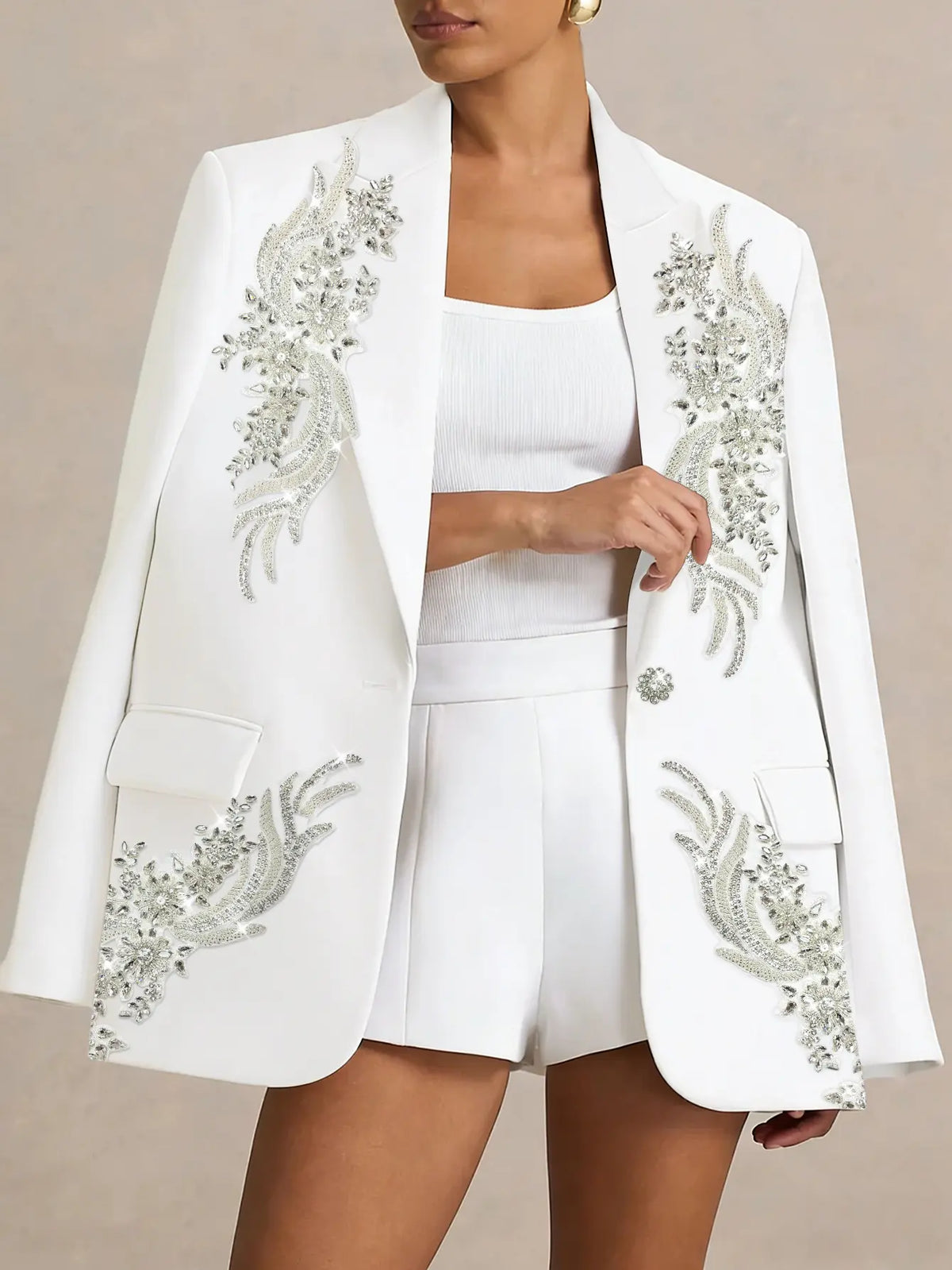 ASANDY Blazer for Women, Formal White Oversized Piece with Beaded Rhinestones & Floral Crystal Embroidery for Evening Wedding S M L, Fashion,clothes for back to school,first day of school outfits,sohochic