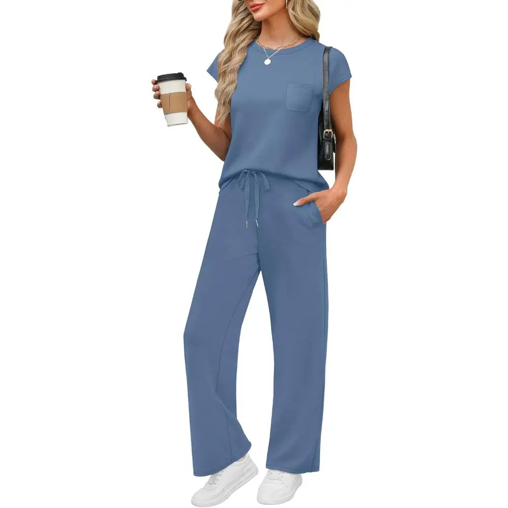 OFEEFAN Womenswear 2 Piece Sets for Women Casual Summer Travel Vacation Outfits Cap Sleeve Lounge Set Chic Crewneck Soft Silky Breathable Clothes