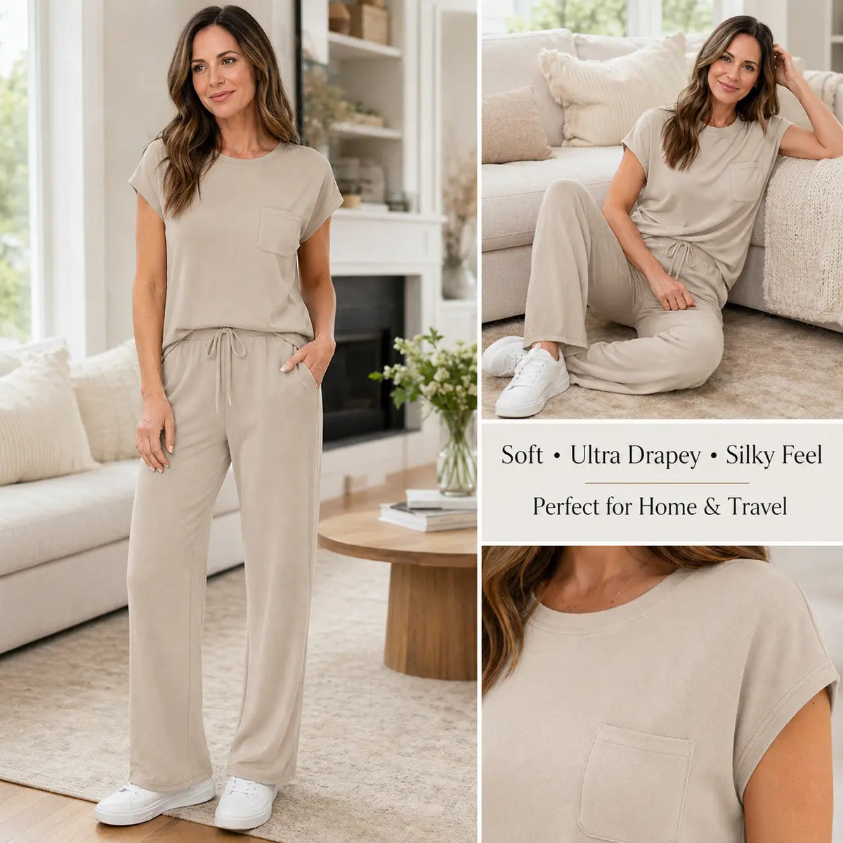 OFEEFAN Womenswear 2 Piece Sets for Women Casual Summer Travel Vacation Outfits Cap Sleeve Lounge Set Chic Crewneck Soft Silky Breathable Clothes