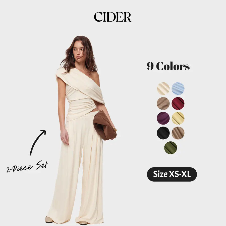 Cider 2-Piece Set Asymmetrical Neck Ruched Top & Mid Rise Wide Leg Draped Trousers Set