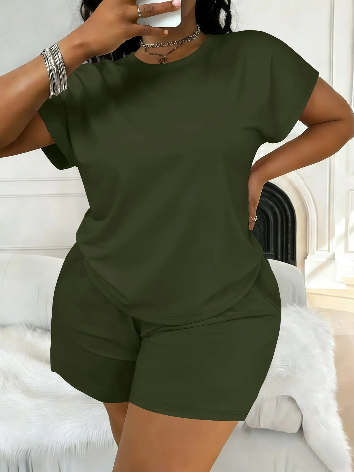 Women's Plus Size Casual Minimalist Plain Short-Sleeve Top and Shorts Set, Spring-Summer Womenswear Clothes with Loose Fit Comfort, All-Season Fashion