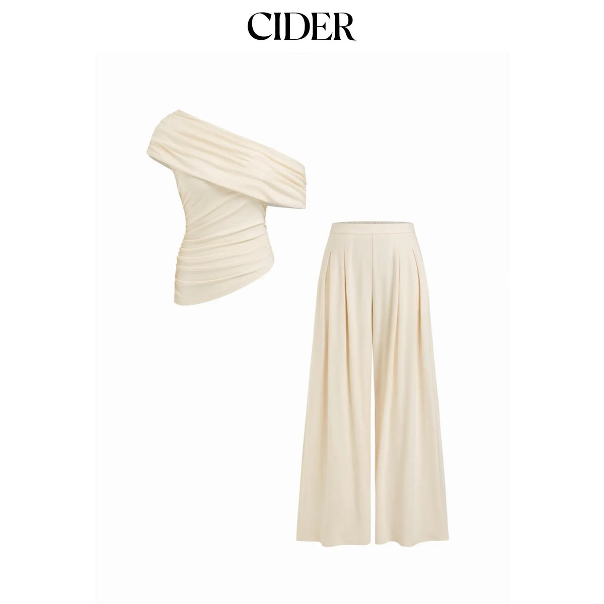 Cider 2-Piece Set Asymmetrical Neck Ruched Top & Mid Rise Wide Leg Draped Trousers Set