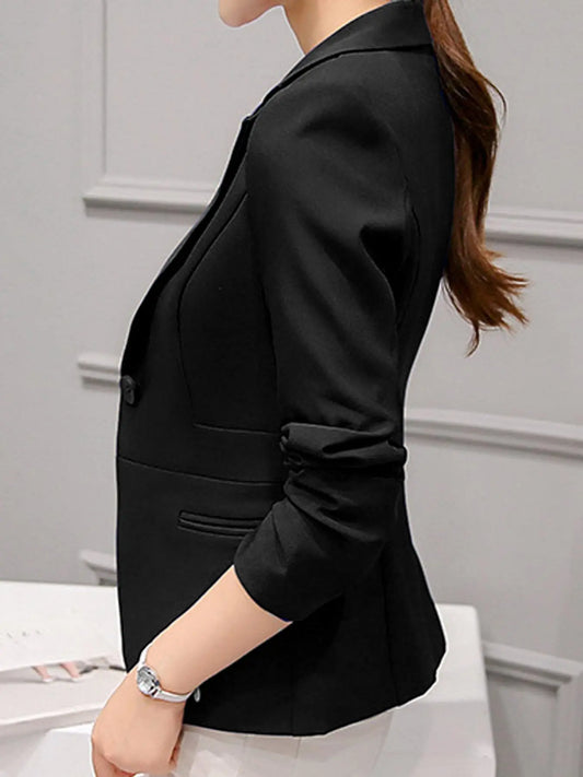 Women's Solid Button Front Lapel Blazer, Elegant Casual Long Sleeve Outerwear for Work Office Business, Ladies Clothes for All Seasons