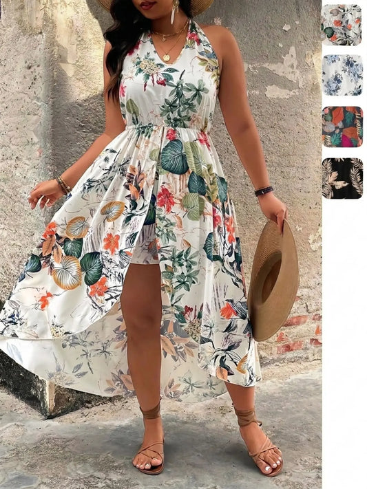 [Plus Size] Two-piece Set Floral Print Split Hem Top & Shorts Set Sleeveless, Boho Casual Two-piece Outfits for Beach Vacation Holiday, Women's Clothes for Summer, Bohemian, Fashion Style Sets, Womenswear, Fashion Clothing Set