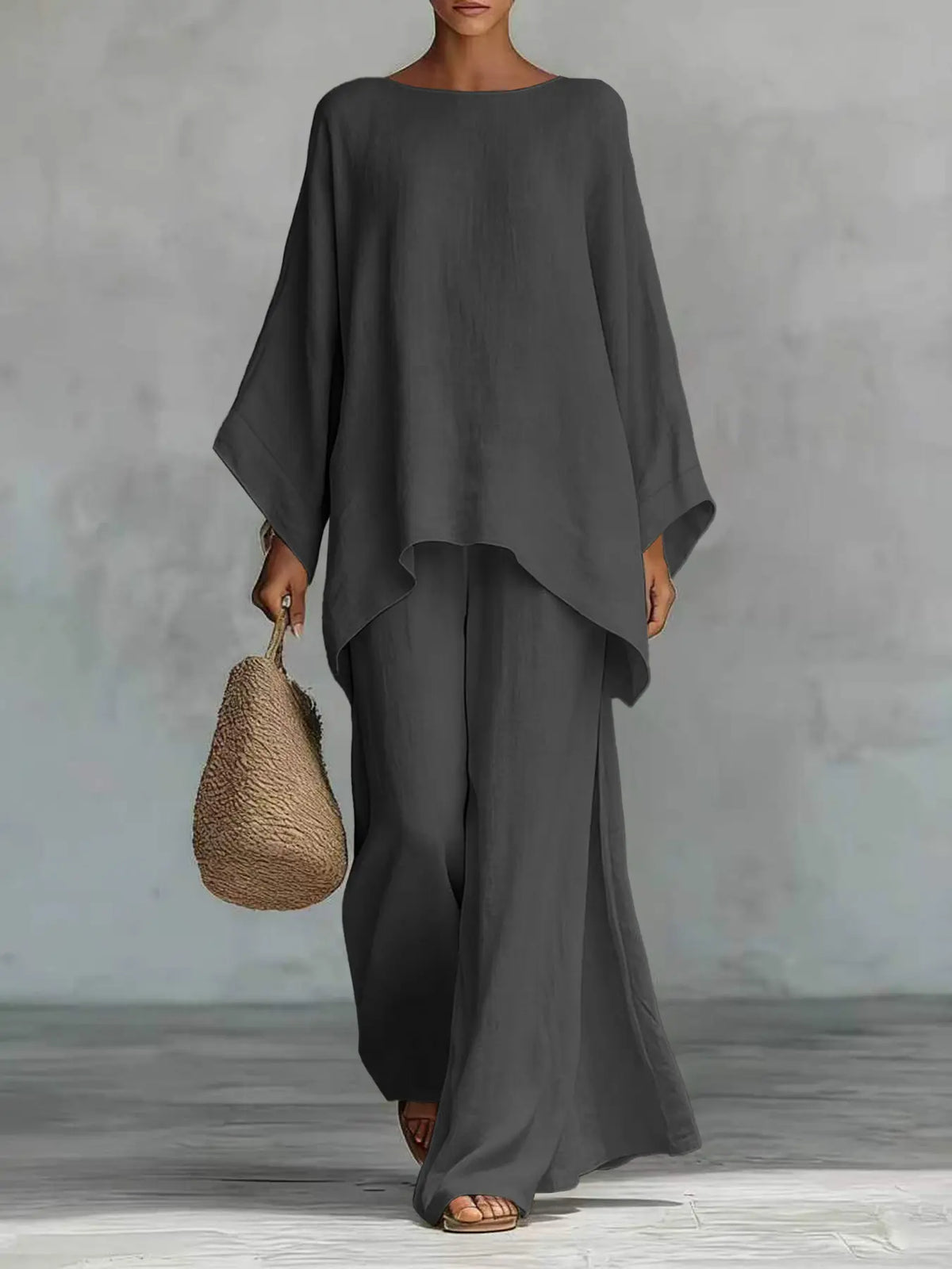 New Women's Simple Solid Loose-Fit Long Sleeve Blouse and Wide-Leg Pants Set, Baggy, Comfortable Casual Outfit, Perfect for Daily Wear, Stylish, Trendy and Elegance Two-Piece Set