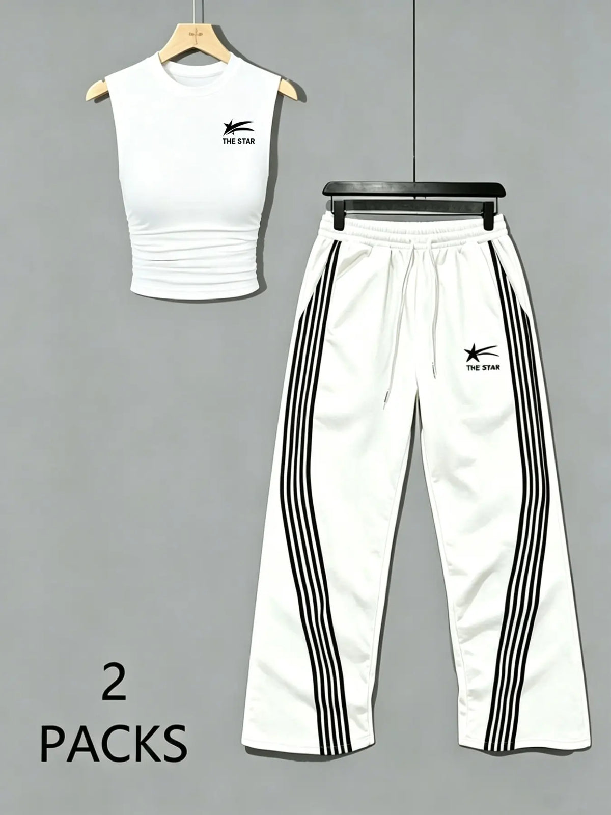 Women's Sweet Savage Style Ruched Sleeveless Top + Striped Sweatpants Set, Mid Waist Loose Fit, All Seasons Fashion Clothes