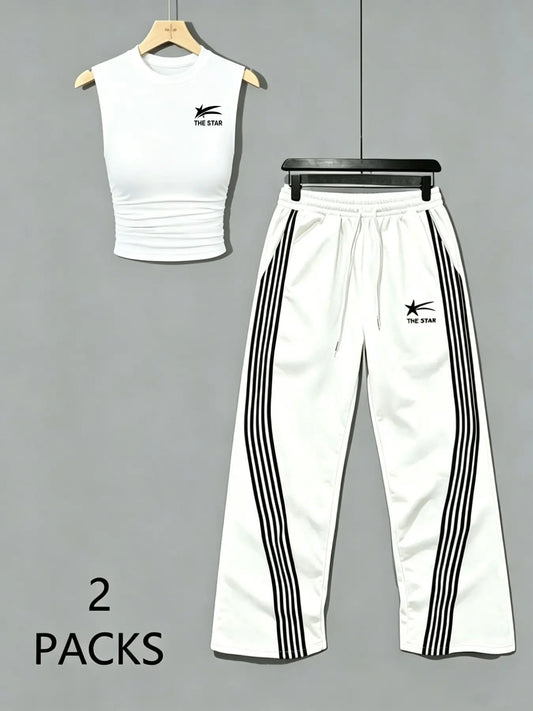 Women's Sweet Savage Style Ruched Sleeveless Top + Striped Sweatpants Set, Mid Waist Loose Fit, All Seasons Fashion Clothes
