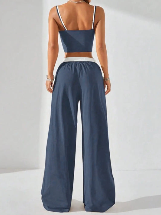 Two-Piece Set Women's Colorblock 2 in 1 Cami Top & Wide Leg Pants Set, Casual Sleeveless Top & Pocket Trousers, Ladies Summer Clothes, Casual Lounge Set, Stretchy Outfit Sets, Camisole Sets, Pants Loungewear Set