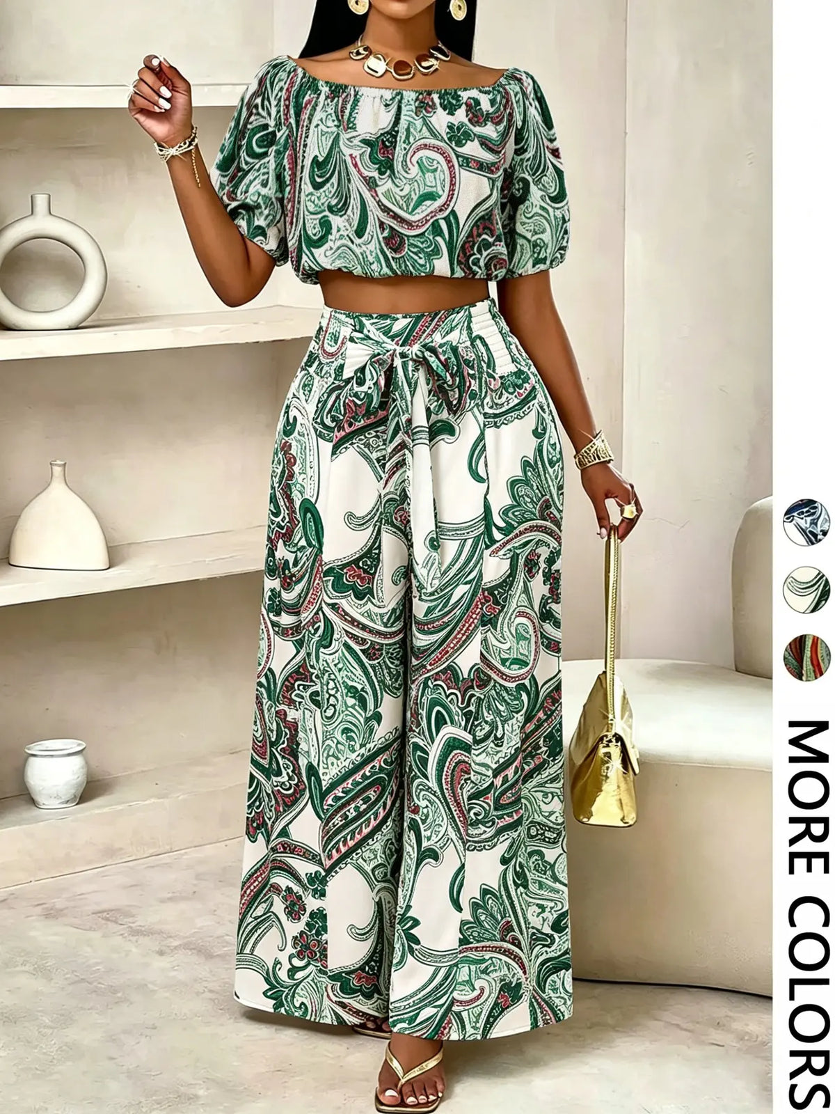 Summer Beach Vacation Bow Shoulderless Round Neck Shirt Wide Leg Pants Set, Casual Loose-Fitting, Women's Fashion, Womenswear