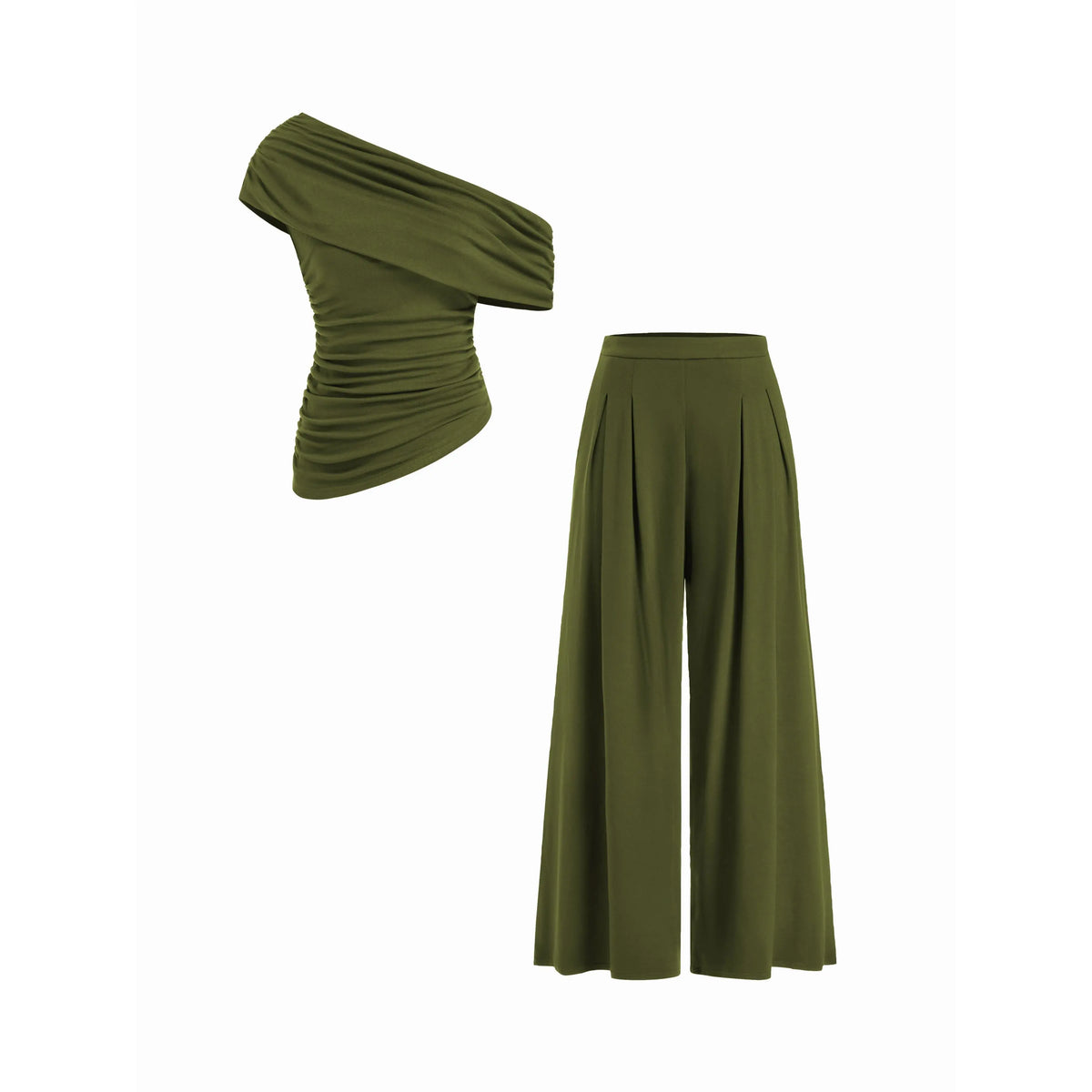 Cider 2-Piece Set Asymmetrical Neck Ruched Top & Mid Rise Wide Leg Draped Trousers Set